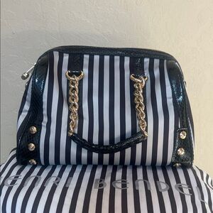 Henri Bendel Black and White Striped Satchel with Gold Accents